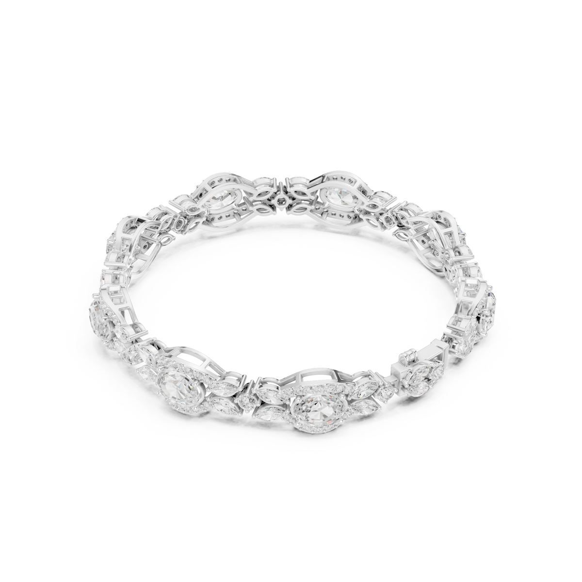  White Gold Vintage Oval Marquise Halo Link Bracelet Side View